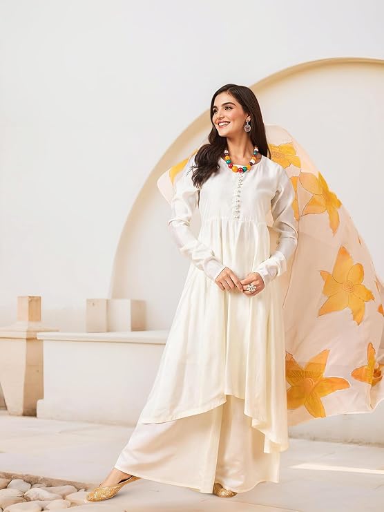 Round Neck Asymmetric Anarkali Kurta With Trousers & Dupatta — 4