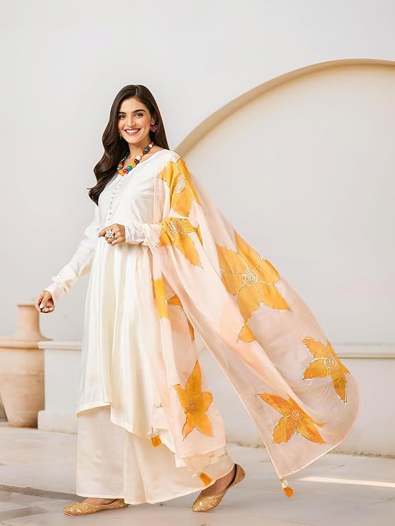 Round Neck Asymmetric Anarkali Kurta With Trousers & Dupatta — 3