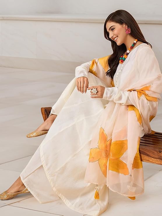 Round Neck Asymmetric Anarkali Kurta With Trousers & Dupatta — 6