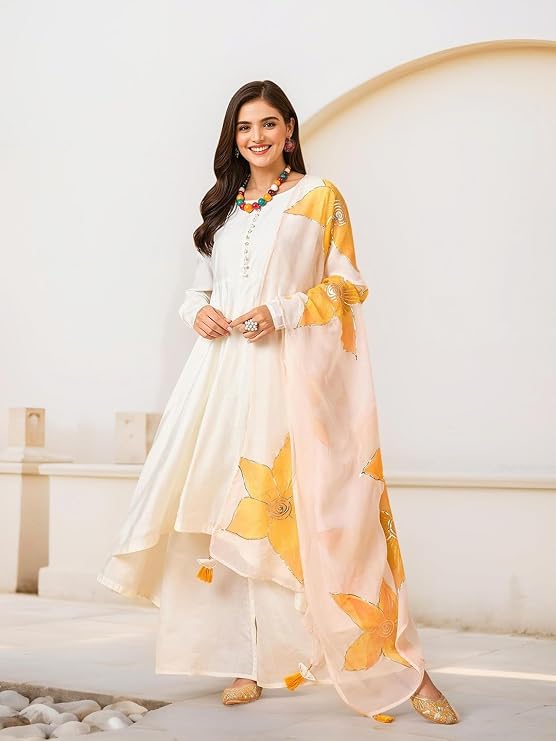 Round Neck Asymmetric Anarkali Kurta With Trousers & Dupatta — 5