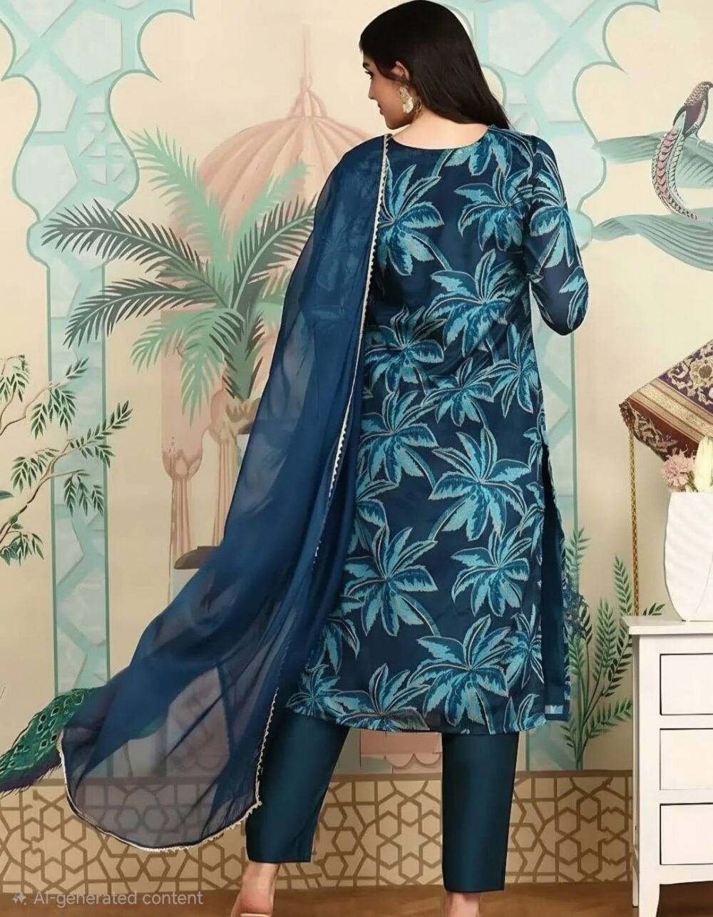 Navy Blue Floral Printed Beads And Stones Straight Kurta With Trousers & Dupatta — 3