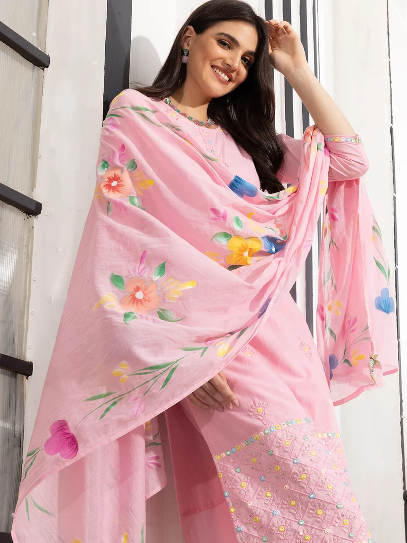Soft Pink Cotton Floral Embroidered Kurta Set With Straight Bottom And Hand Painted Tassel-Trimmed Dupatta — 1