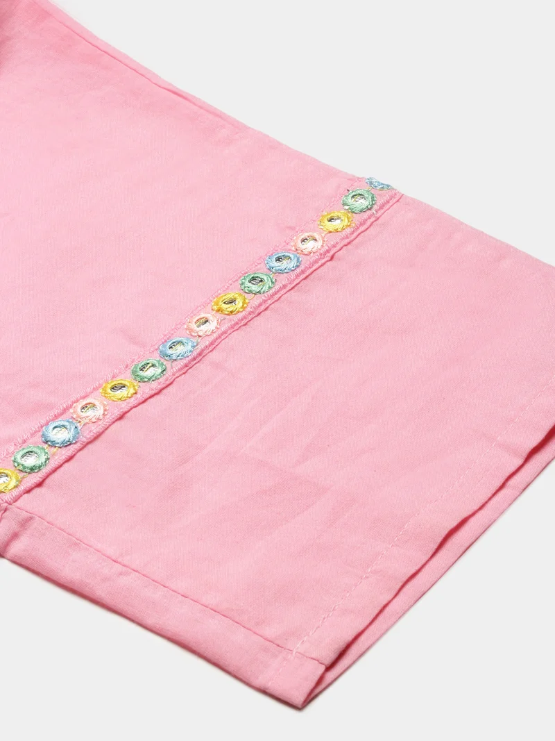 Soft Pink Cotton Floral Embroidered Kurta Set With Straight Bottom And Hand Painted Tassel-Trimmed Dupatta — 3