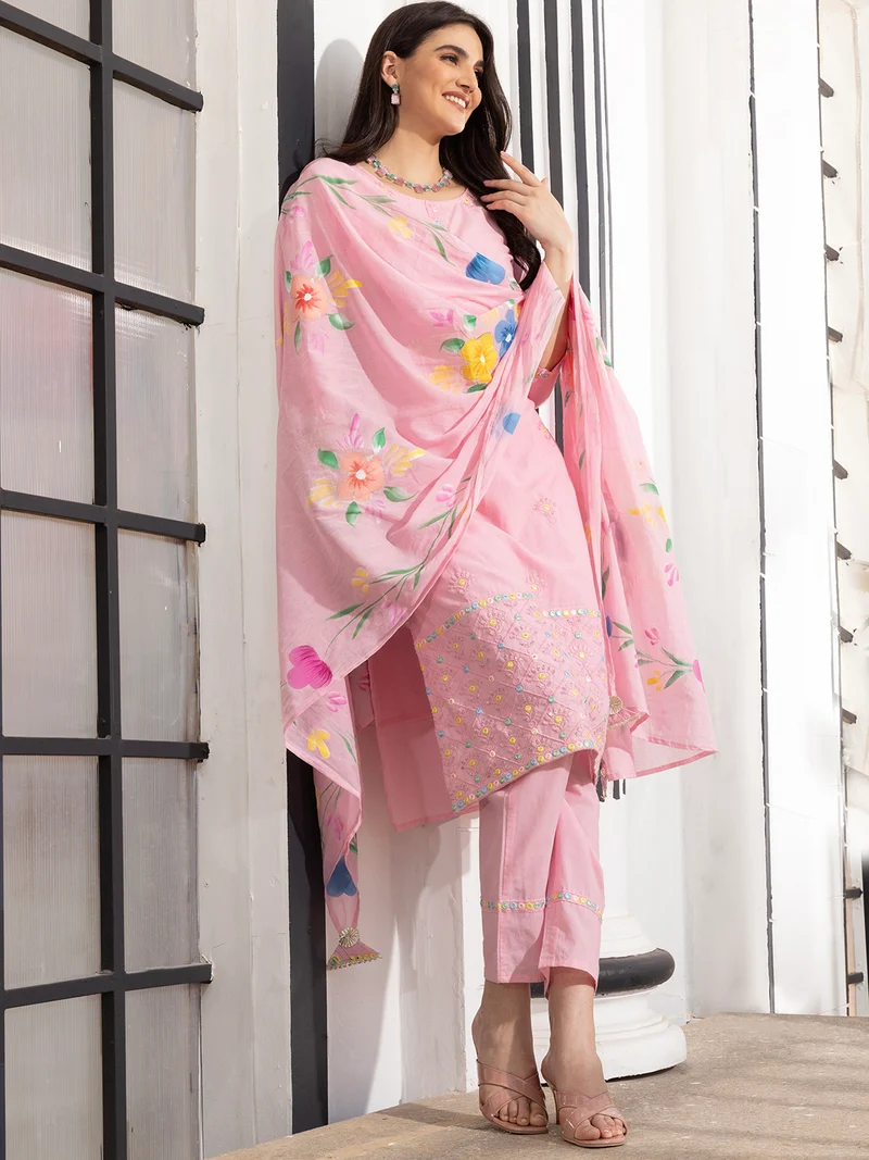Soft Pink Cotton Floral Embroidered Kurta Set With Straight Bottom And Hand Painted Tassel-Trimmed Dupatta — 7