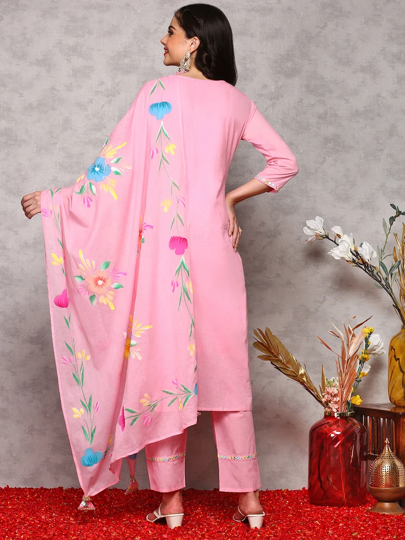 Soft Pink Cotton Floral Embroidered Kurta Set With Straight Bottom And Hand Painted Tassel-Trimmed Dupatta — 6