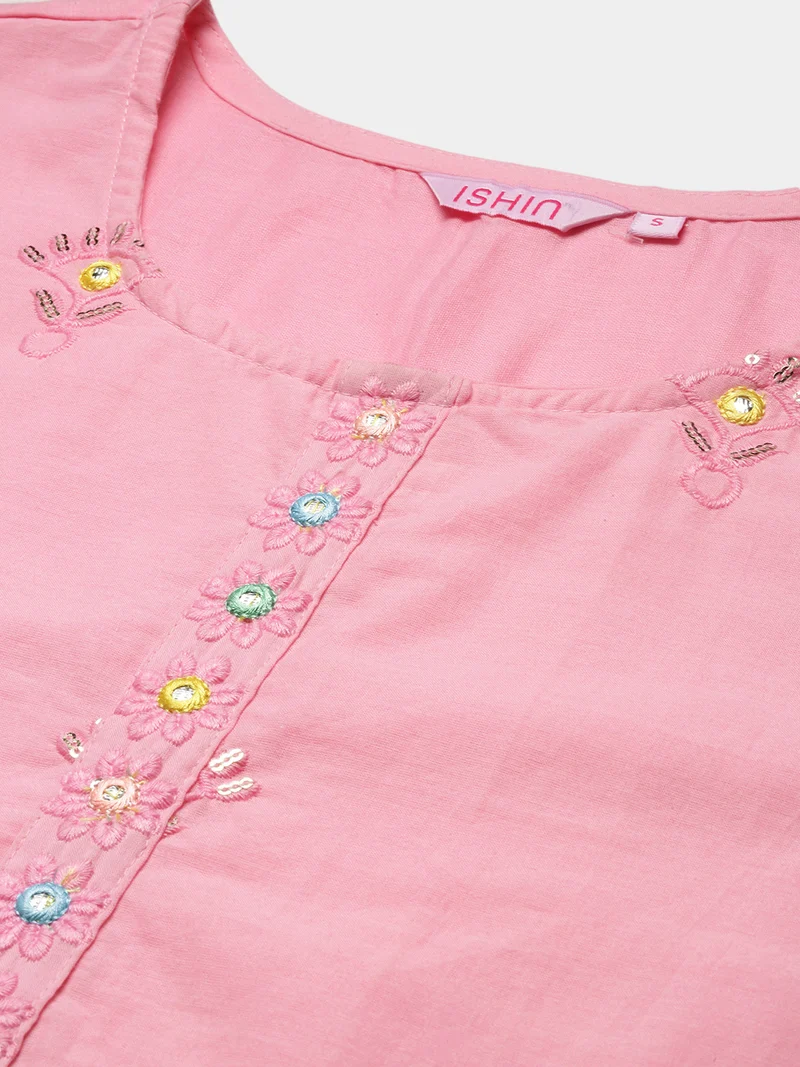 Soft Pink Cotton Floral Embroidered Kurta Set With Straight Bottom And Hand Painted Tassel-Trimmed Dupatta — 5
