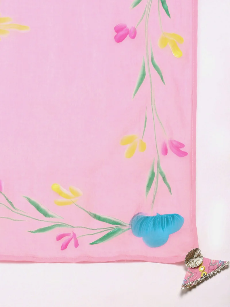 Soft Pink Cotton Floral Embroidered Kurta Set With Straight Bottom And Hand Painted Tassel-Trimmed Dupatta — 4