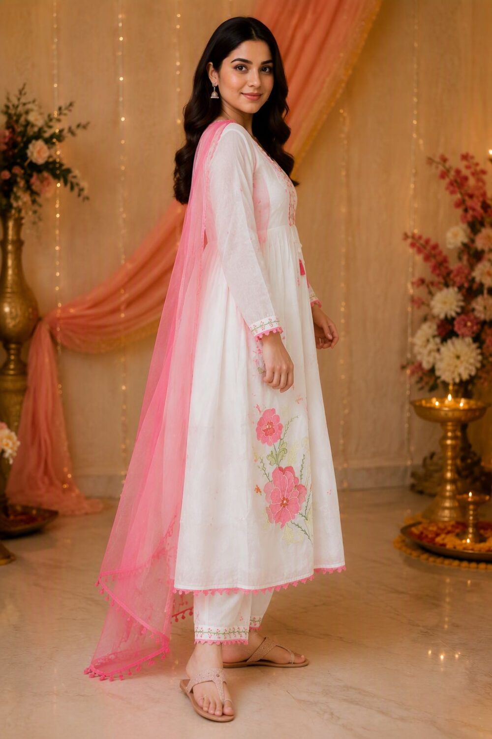 Pink & White Anarkali Set — 2