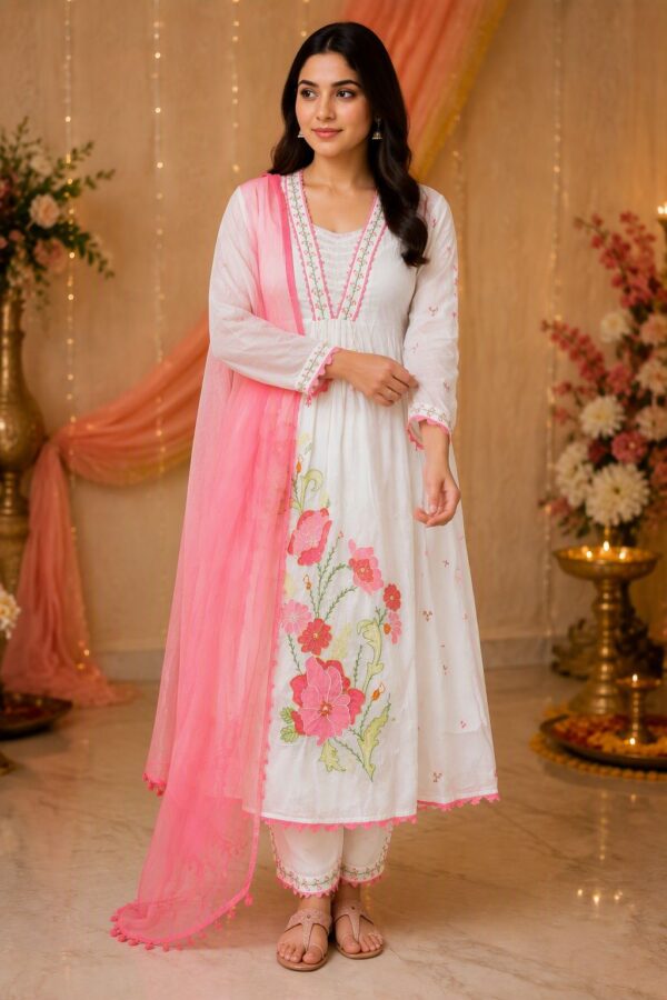 Pink & White Anarkali Set