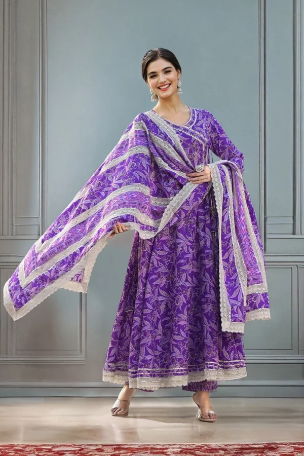 Graceful Cotton Purple Floral Printed Angrakha Kurta With Straight Bottom And Cotton Printed Dupatta