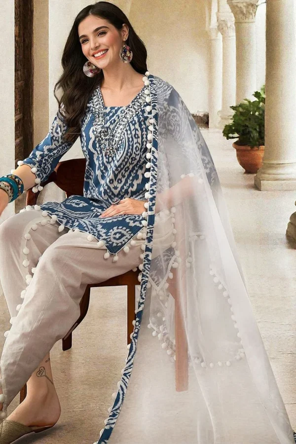 Rich Blue Mirror Work A-Line Kurta Set With Dhoti Bottom & Tassel Detailed Dupatta