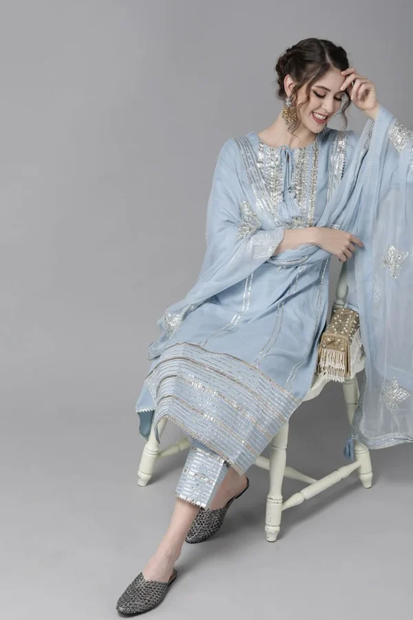 Comfy Rayon Blue Gotta Patti Striped Kurta Set With Straight Bottom And Tassel-Trimmed Dupatta