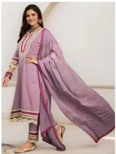 Women Ethnic Motifs Regular Thread Work Pure Cotton Kurta with Trousers & With Dupatta