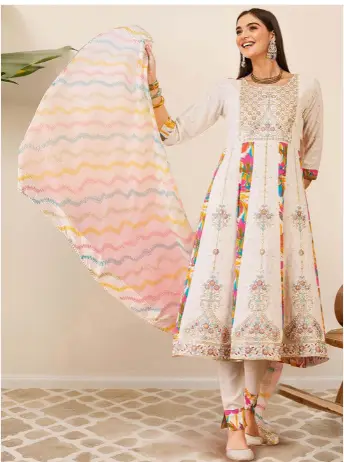 Floral Printed A-Line Mirror Work Kurta with Trousers & Dupatta